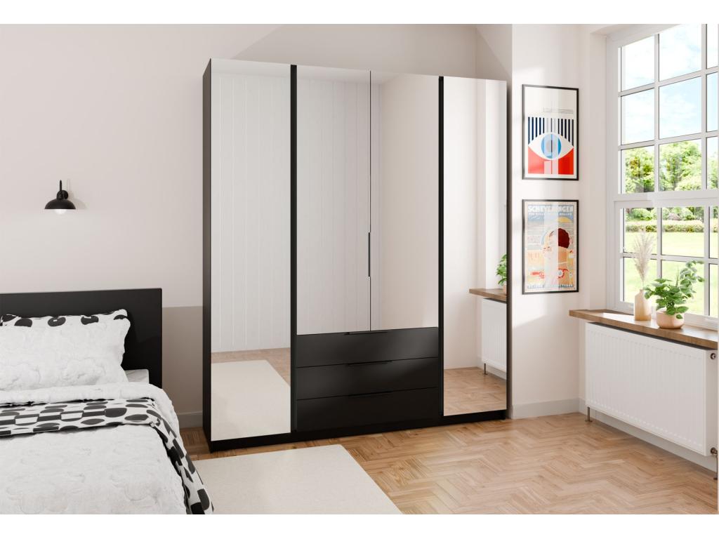 4-door wardrobe with mirrors and 3 drawers - 200 cm - black - Domopure GBBI84210