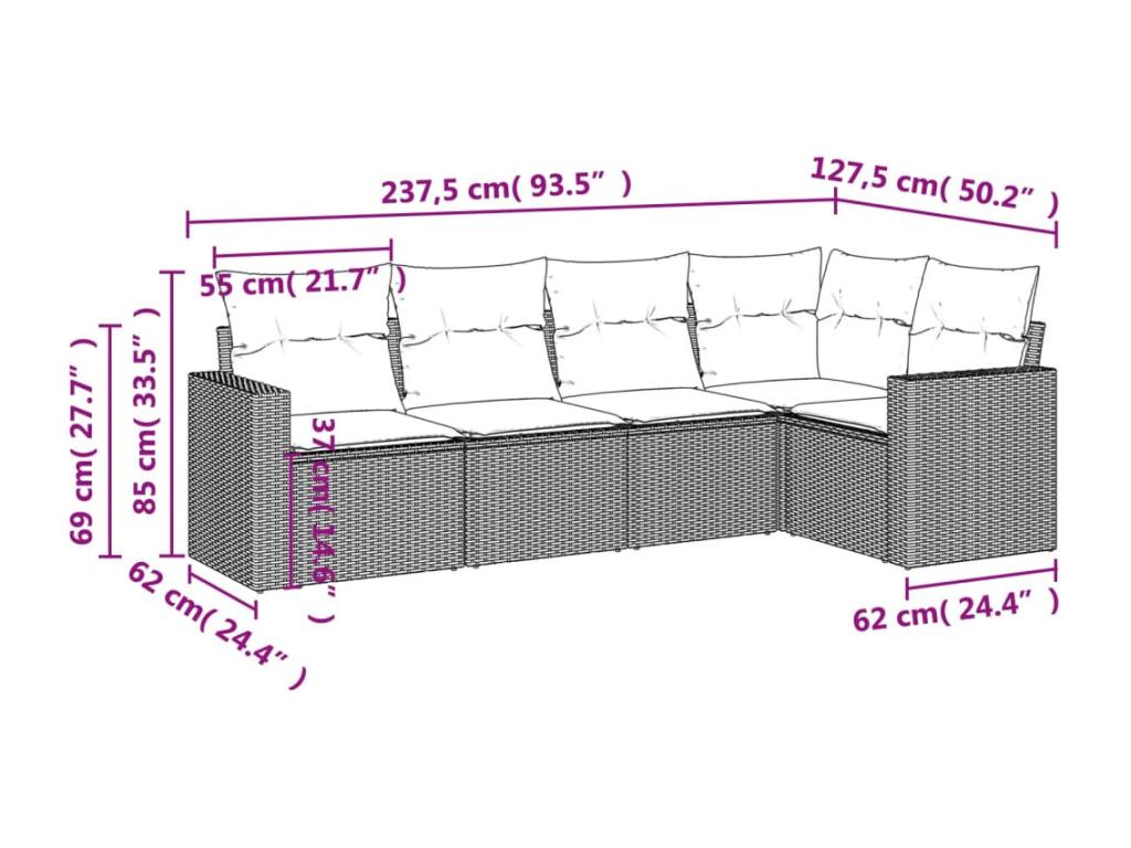 5-piece garden furniture set with cushions, brown woven resin ETWT79565