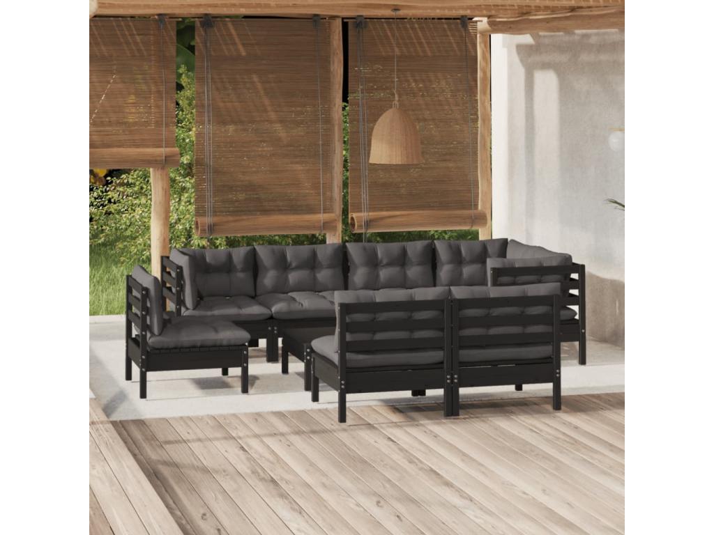 9-piece garden furniture set with cushions, black, solid pine wood, PBQY73711