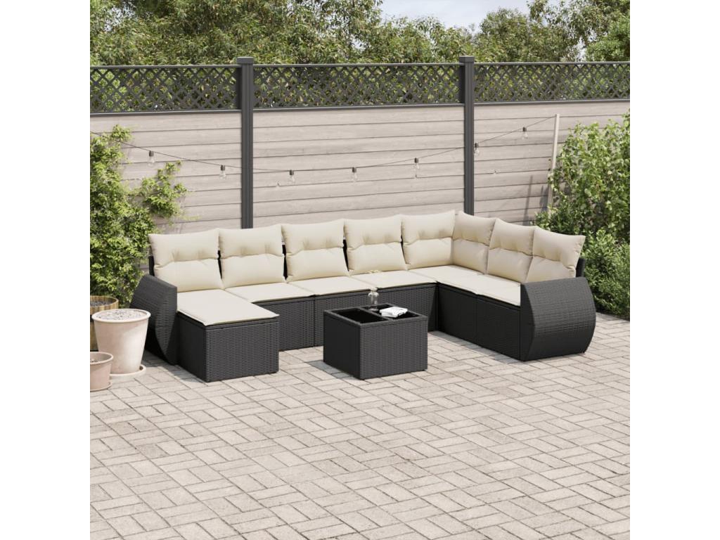 9-piece garden furniture set with cushions, black woven resin DXMF40283