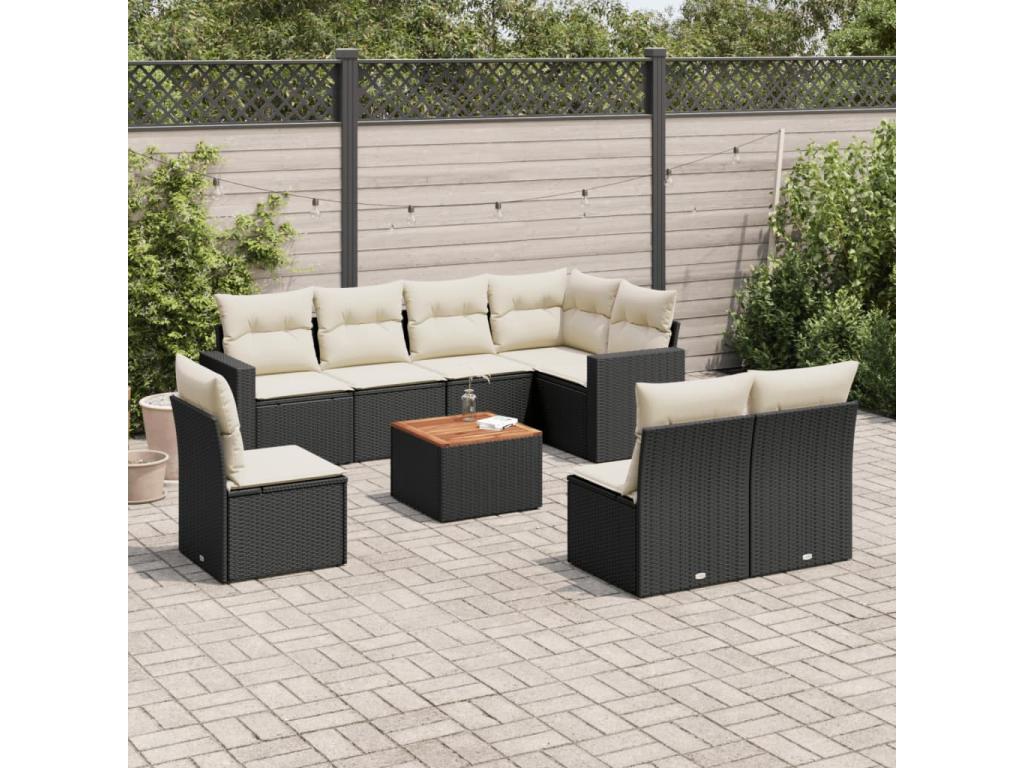9-piece garden furniture set with cushions, black resin wicker WLTN57619