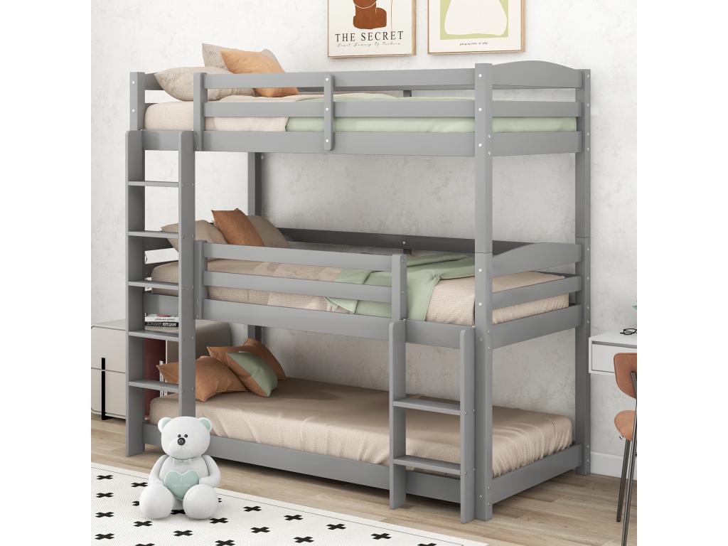 Triple bunk bed with ladder and safety rail - 90x200cm - solid wood - Grey IFWD59910