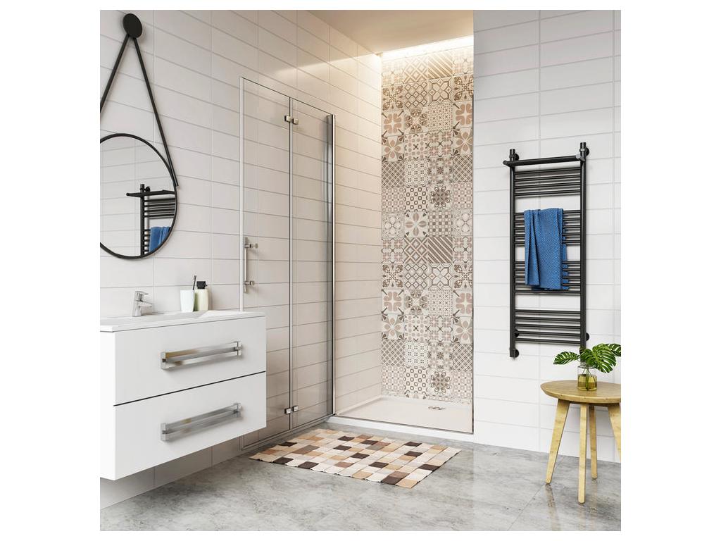 90x185cm shower door with 90x70x3cm white shower tray, pivoting and folding shower door in tempered glass with anti-limescale coating PNFP42911