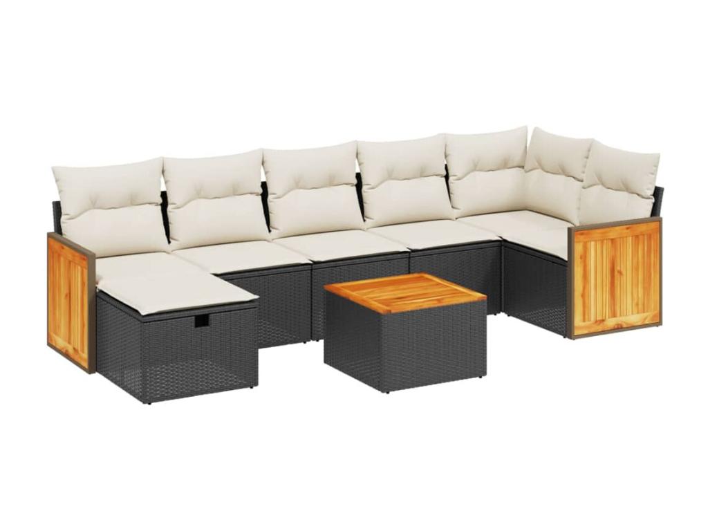 8-piece garden furniture set with cushions, black woven resin HJLS69042