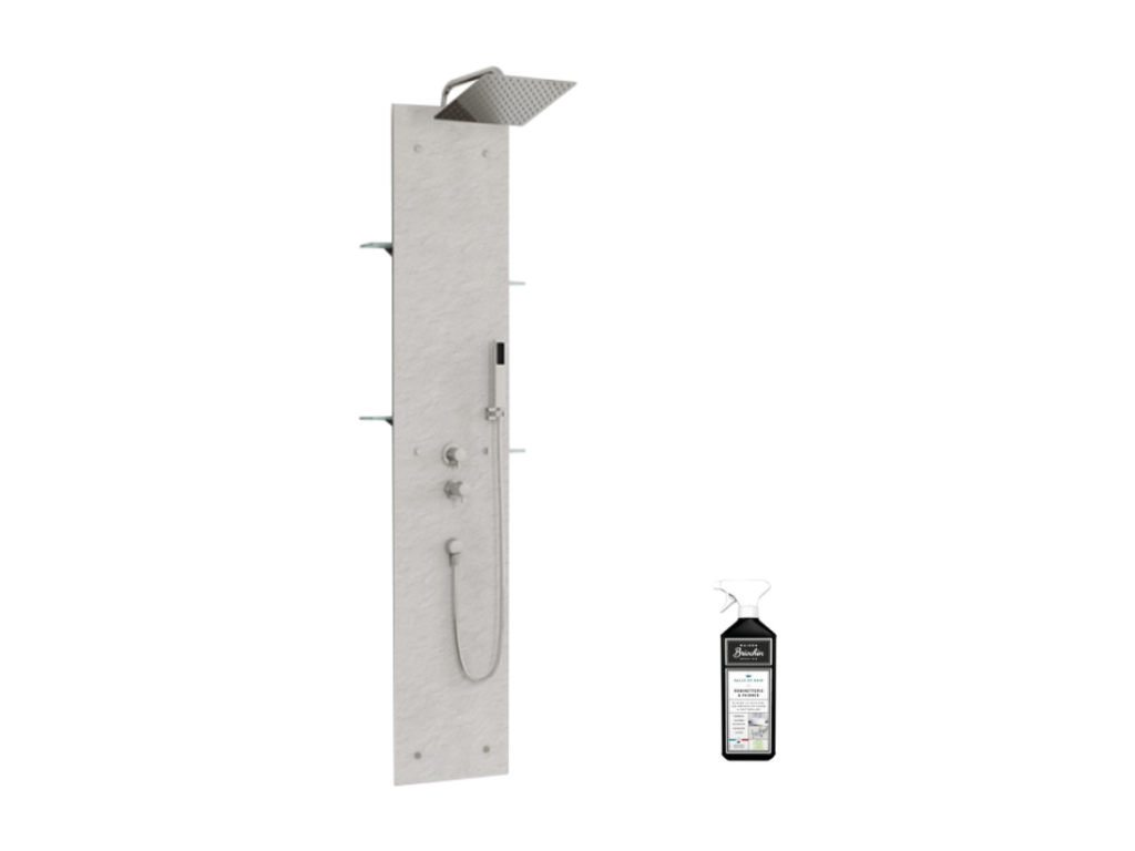 Domopure Aquawall Pietra thermostatic shower column, concrete grey, Briochin cleaning agent QBXP23994