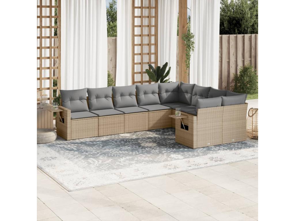 9-piece garden furniture set with cushions, beige woven resin XAUG74055