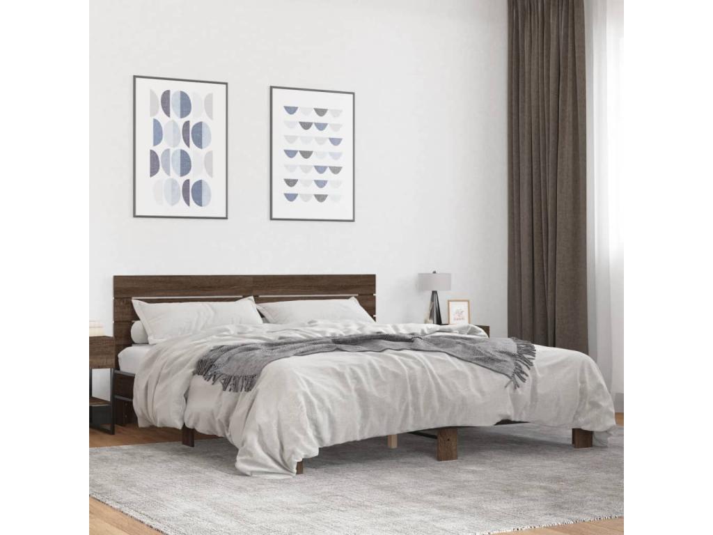 Brown oak bed frame 200x200 engineered wood and metal OVAM06159