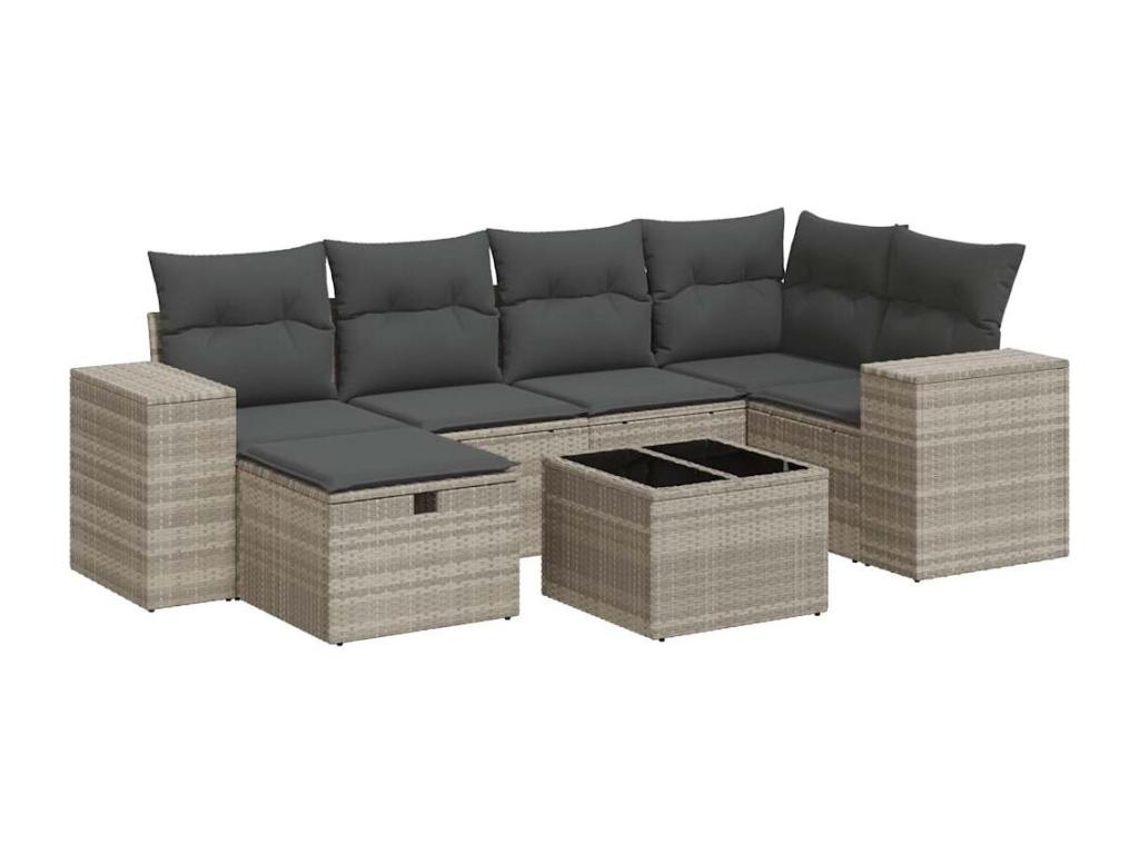 Garden furniture set with cushions, 7 pieces, light grey woven resin QBOA95715