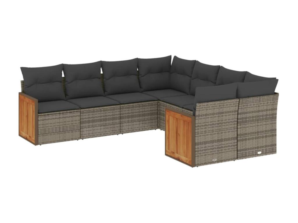 8-piece garden furniture set with grey resin wicker cushions