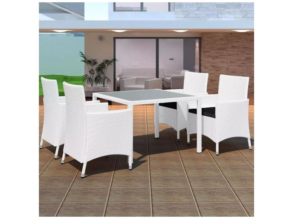 Chicyla TVMH81936 White Wicker Resin Square Table and 4 Garden Chairs
