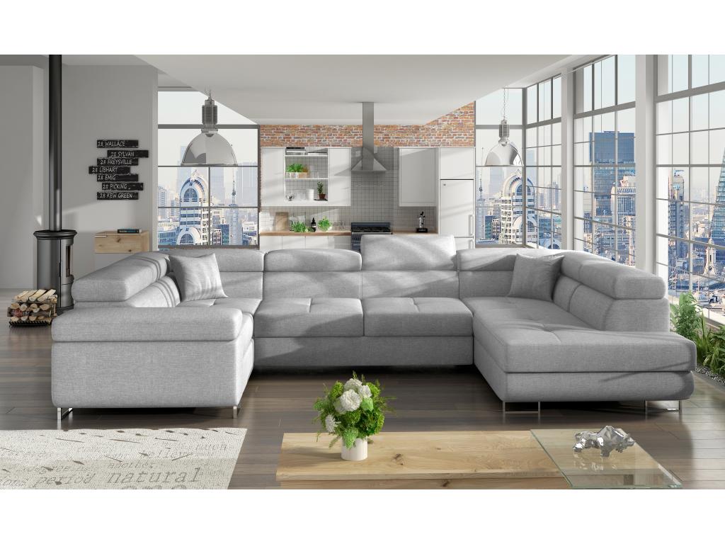 Chicyla 340cm U-shaped right-hand convertible sofa in light grey fabric with storage compartment TXLD88641