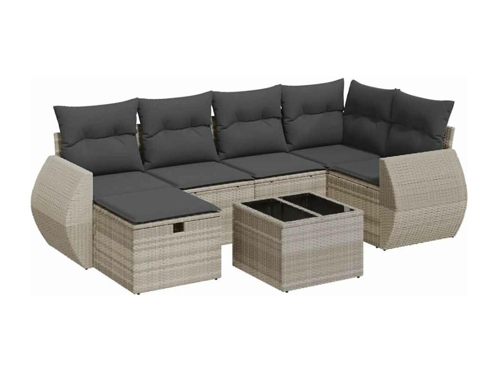Garden furniture set with cushions, 7 pieces, light grey woven resin DENU99480