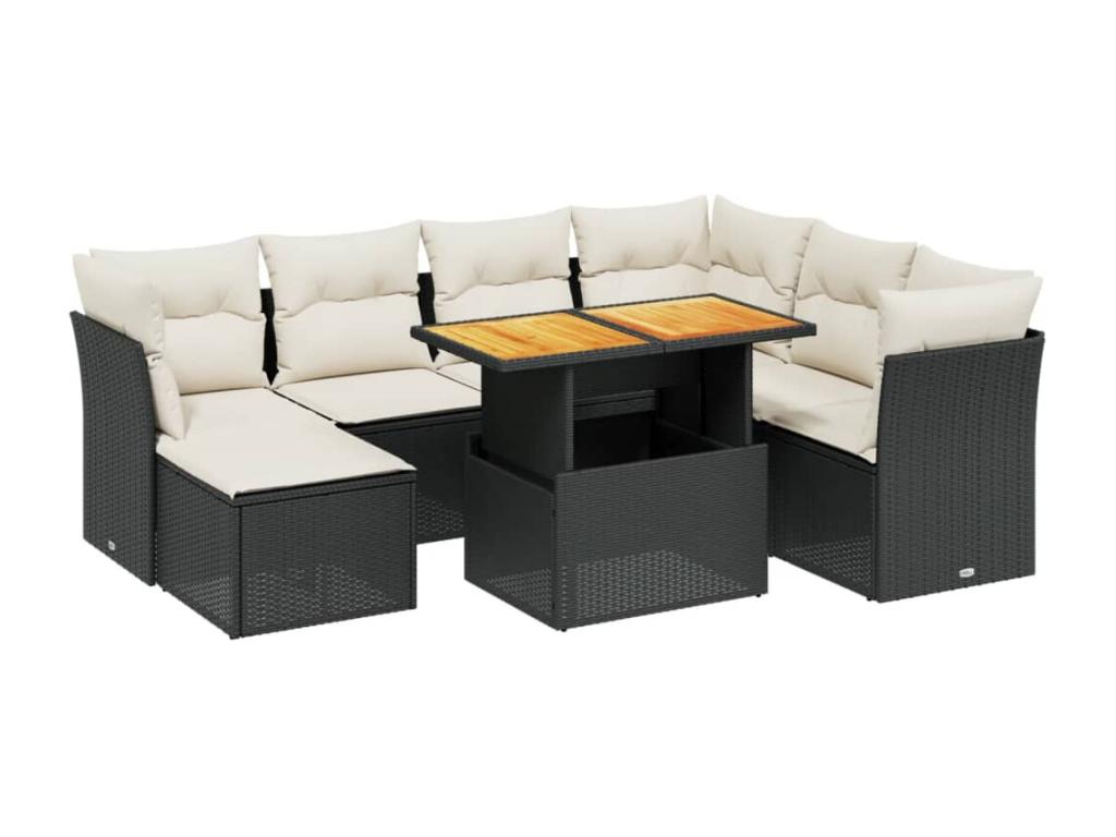 8-piece garden furniture set with cushions, black woven resin FYDM17311
