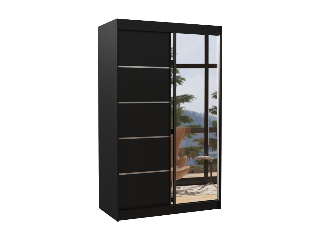 Small bedroom wardrobe with 2 sliding doors, black wood and mirror, Domopure 120cm RVHV01465