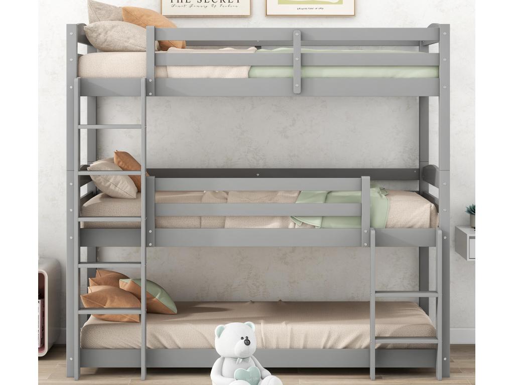 Triple bunk bed with ladder and safety rail - 90x200cm - solid wood - Grey IFWD59910