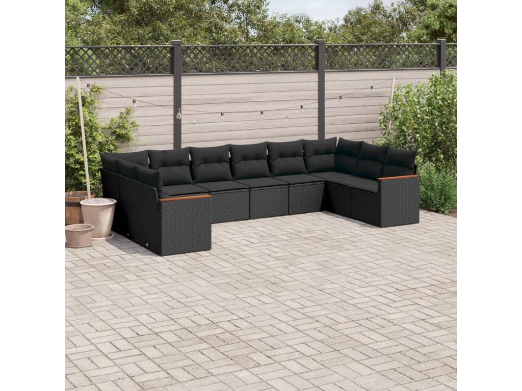 10-piece garden furniture set with cushions, black woven resin KBPN38679