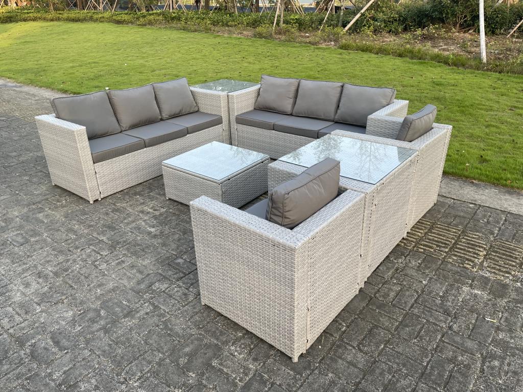 8-seater rattan garden furniture set with 3-seater sofa, 2 armchairs, 2 side tables, and a coffee table in light grey (GAAG20350)