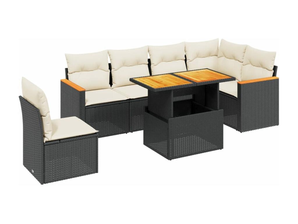 7-piece garden furniture set with cushions, black woven resin VAAG19416