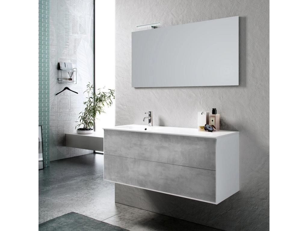 Domopure L 120cm AVFR30210 bathroom vanity unit with 2 drawers in white lacquer and concrete effect, and LED mirror