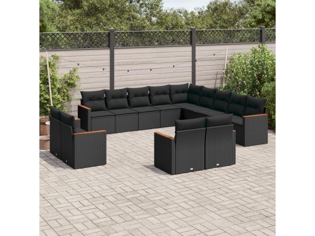 Garden furniture set with cushions, 13 pieces, black woven resin PWTB69998