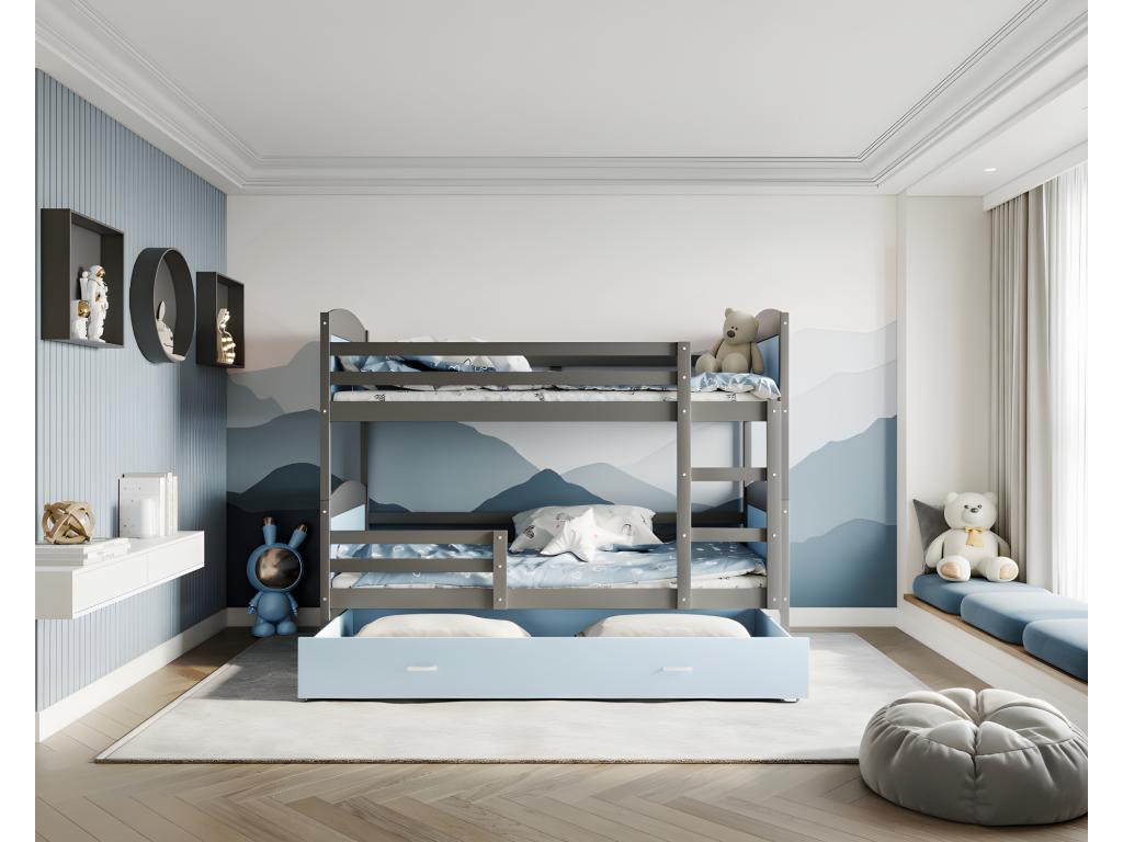Domopure Bunk Bed 90x190 Grey - Blue. Comes with slatted bed bases, drawers, and 7cm foam mattresses. PPYL85474