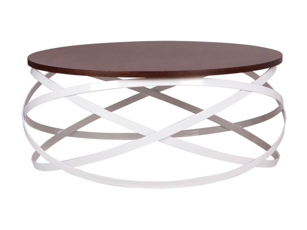 Chicyla round designer coffee table in walnut wood and white metal, 80cm ZAUP25618
