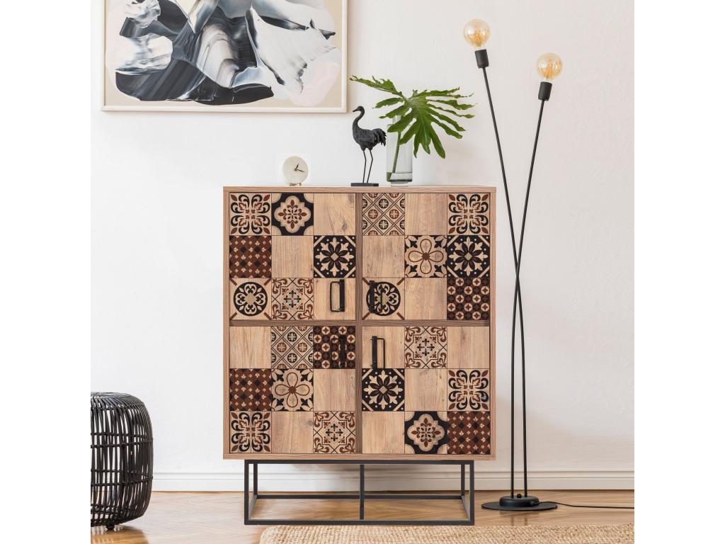Domopure Industrial Style 4-Door Highboard in Light Wood with Brown and Black Arabesque Pattern TZGK85005