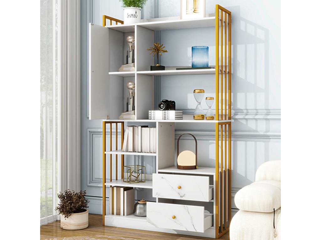 Bookcase with 5 shelves, 1 door and 2 drawers - industrial style - White / Gold NBFR72232