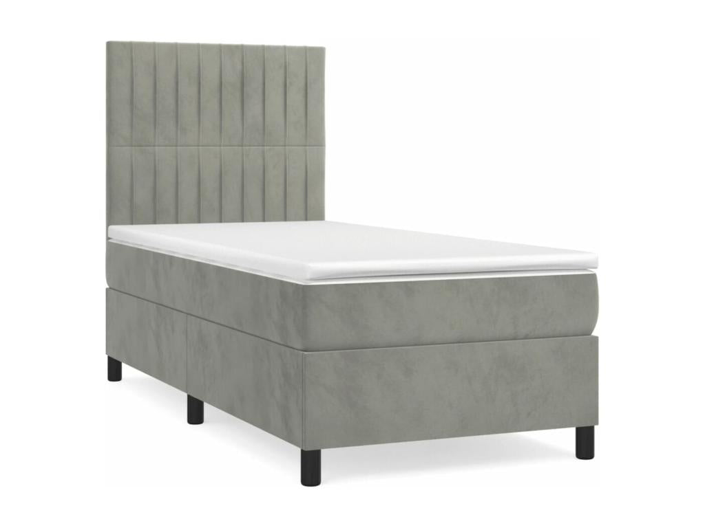 Upholstered bed base and mattress, light grey, 100x200cm, velvet, GIID08302