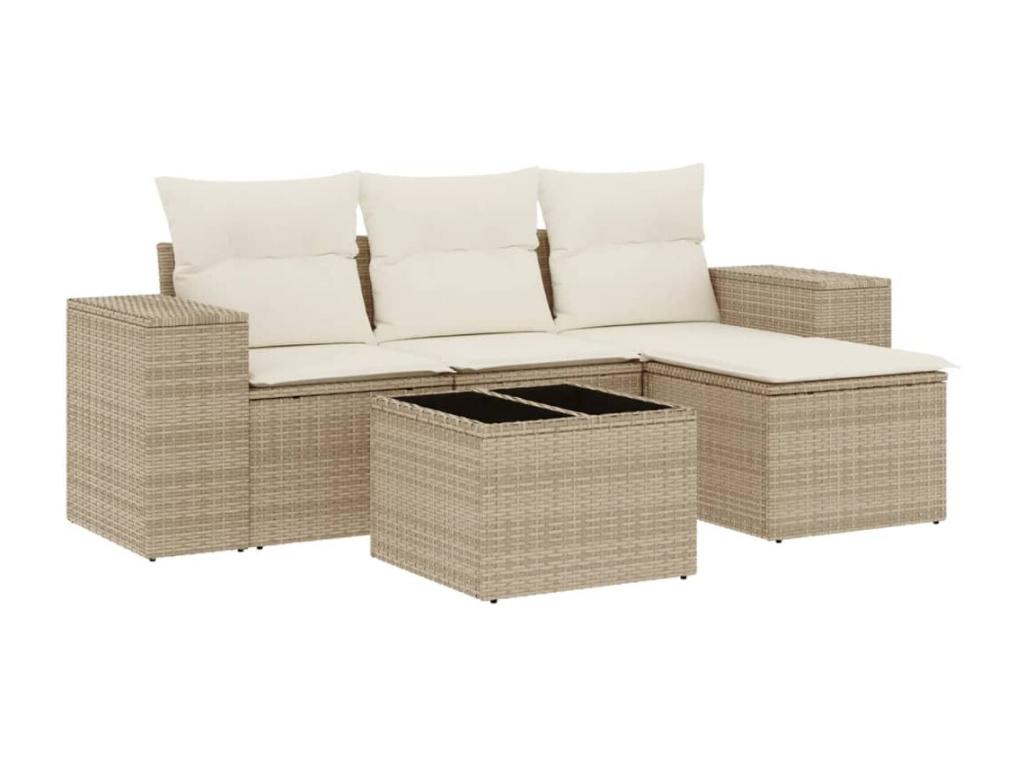 5-piece garden furniture set with cushions, beige woven resin ZGTA60109