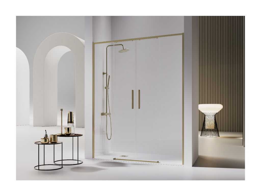 Shower enclosure with 2 fixed glass panels and 2 sliding doors, Chicyla brushed gold, 135-137.6 cm, KXPX44086