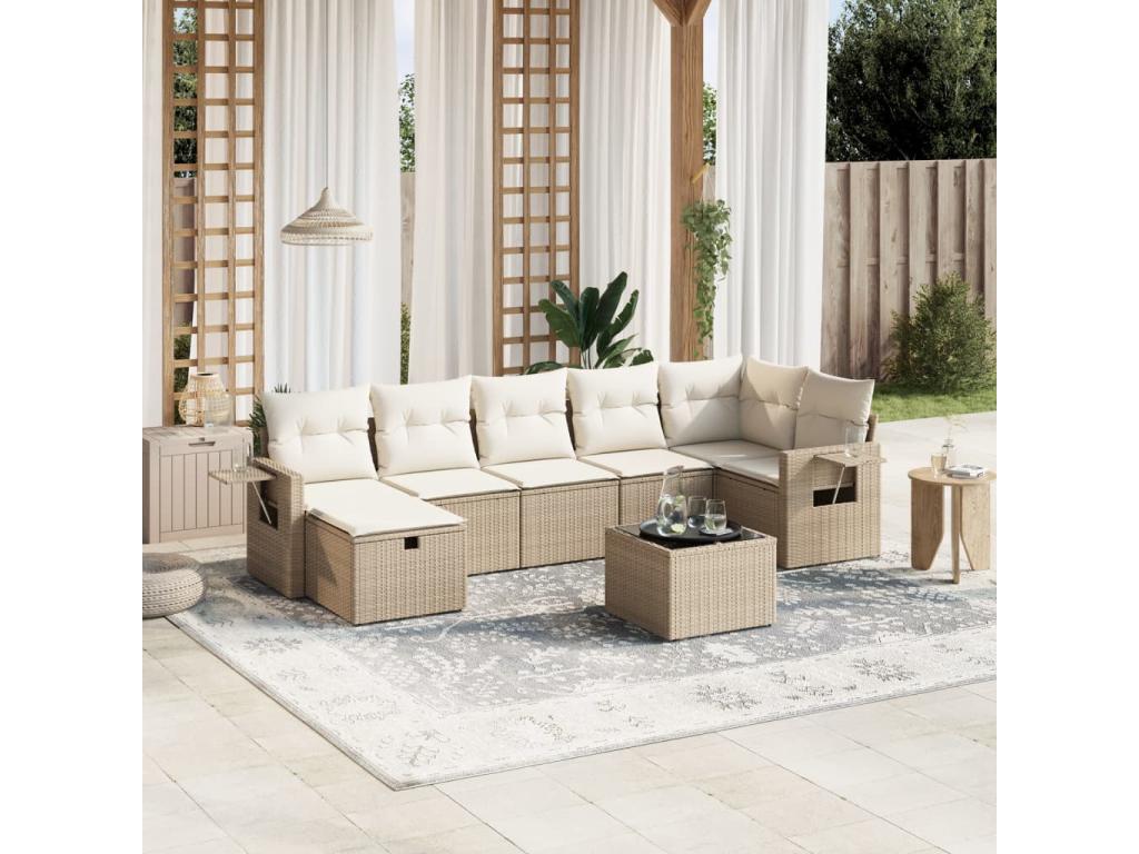 8-piece garden furniture set with cushions, beige woven resin LFHA20433