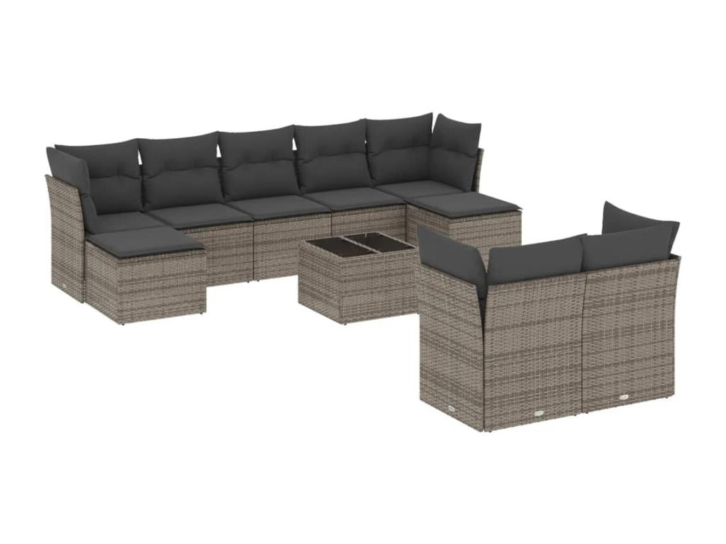 10-piece garden furniture set with cushions, grey woven resin JVFD05441