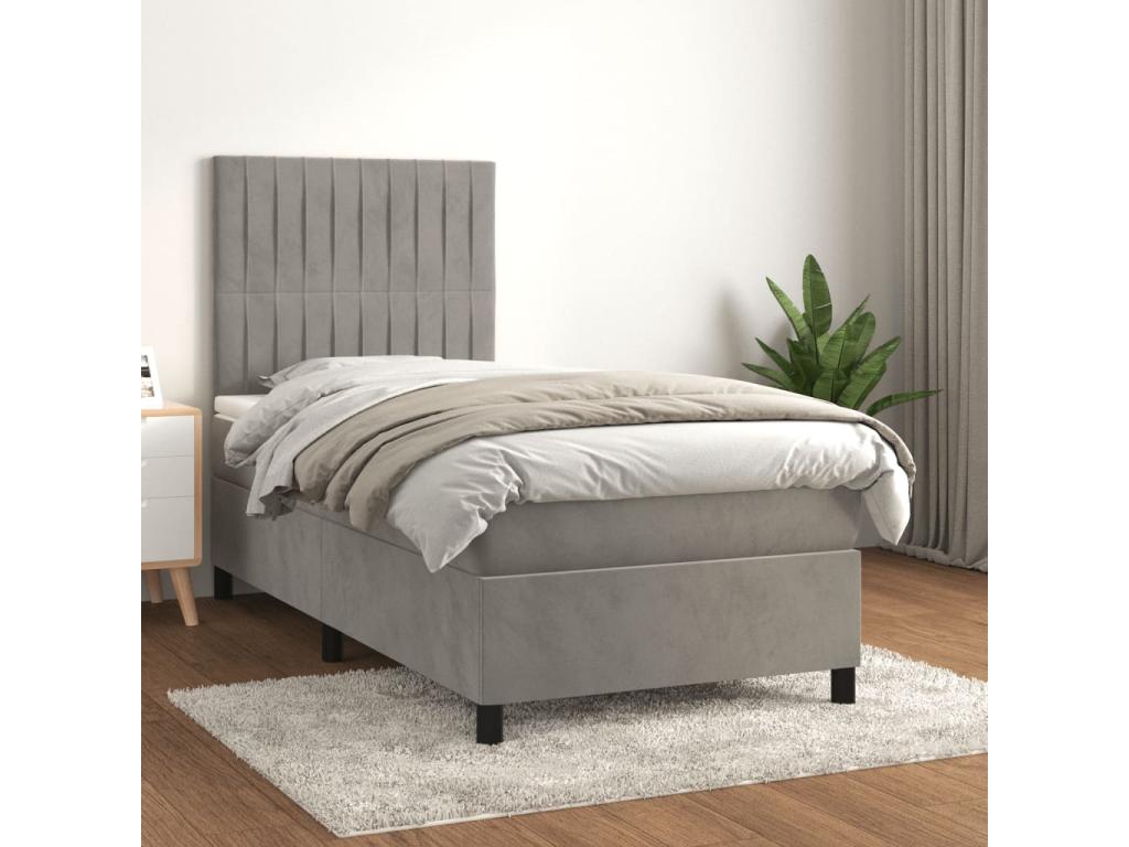 Upholstered bed base and mattress, light grey, 100x200cm, velvet, GIID08302