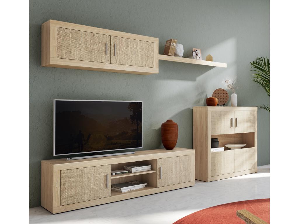 Living room set including TV unit, tall cabinet, shelf, and sideboard. Color: Chicyla oak with textile effect. MHLS51602