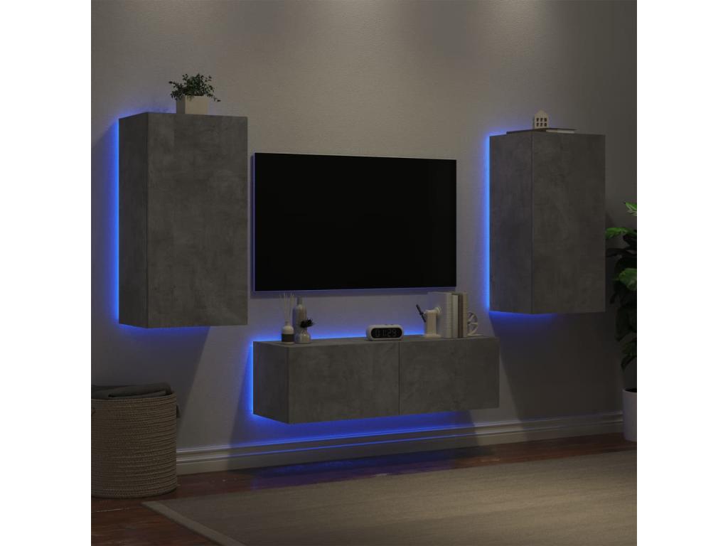 3-piece wall-mounted TV unit with Domopureères LED lights, concrete grey, IZQR26942