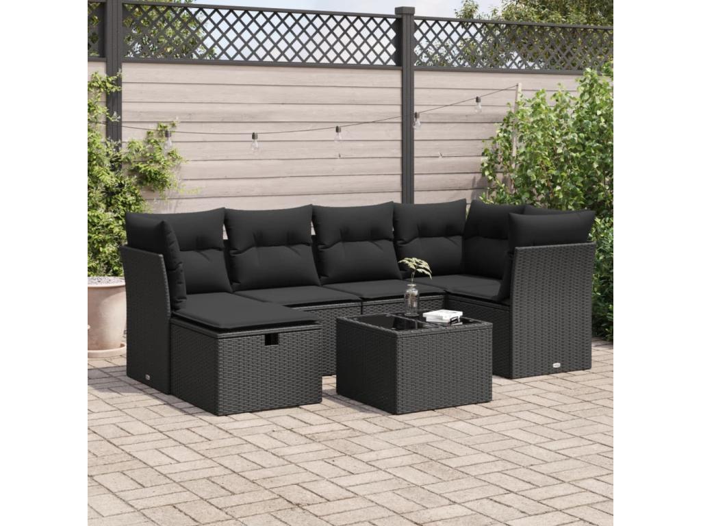 7-piece garden furniture set with cushions, black woven resin OVHK08484