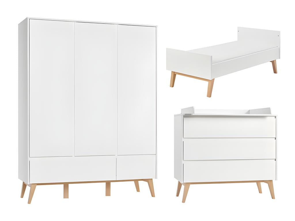 Complete bedroom set including convertible bed (70x140cm), changing table and 3-door wardrobe - Swing - White and wood RNZI15282
