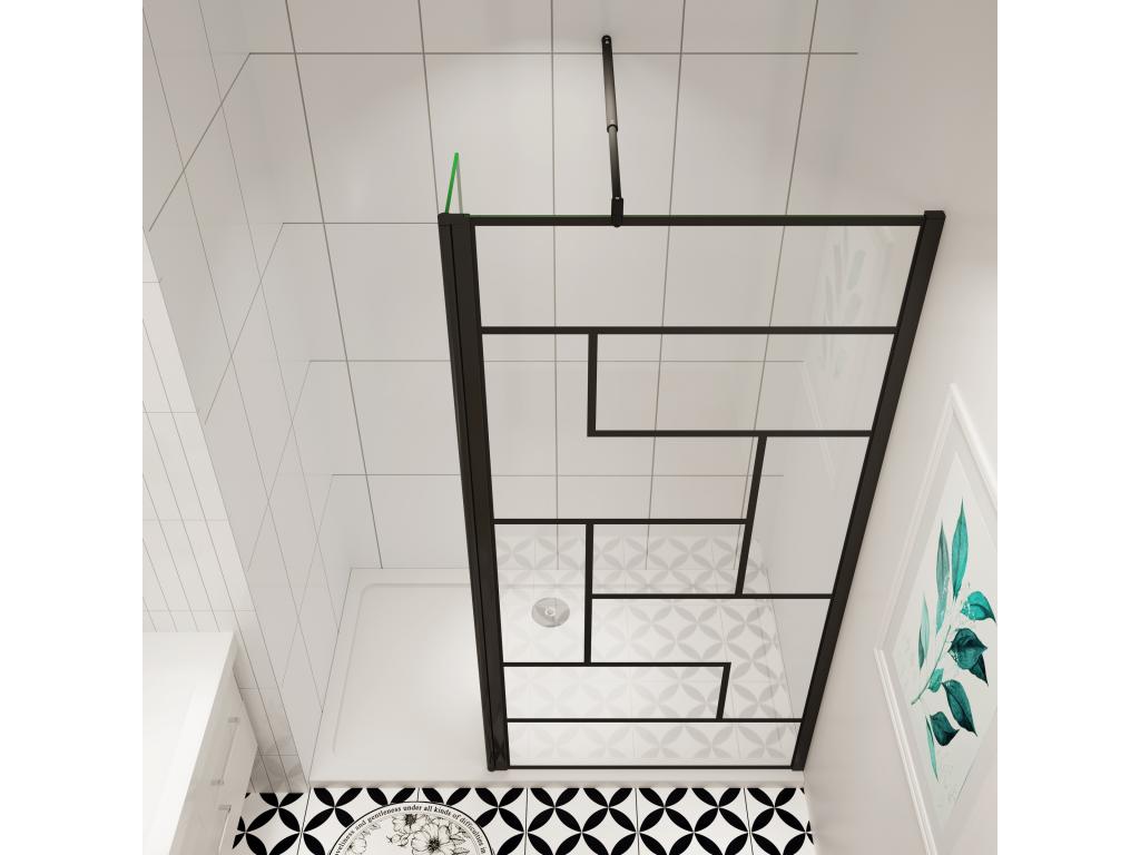 Chicyla black industrial shower screen 90x200cm with a 40cm pivoting return, supplied with a 90cm stabilizing bar IAKI26677