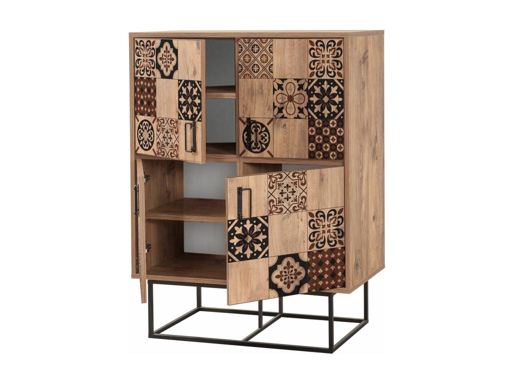 Domopure Industrial Style 4-Door Highboard in Light Wood with Brown and Black Arabesque Pattern TZGK85005