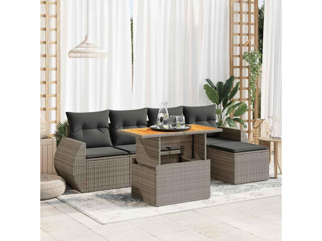 6-piece garden furniture set with grey resin wicker cushions JBJS63971