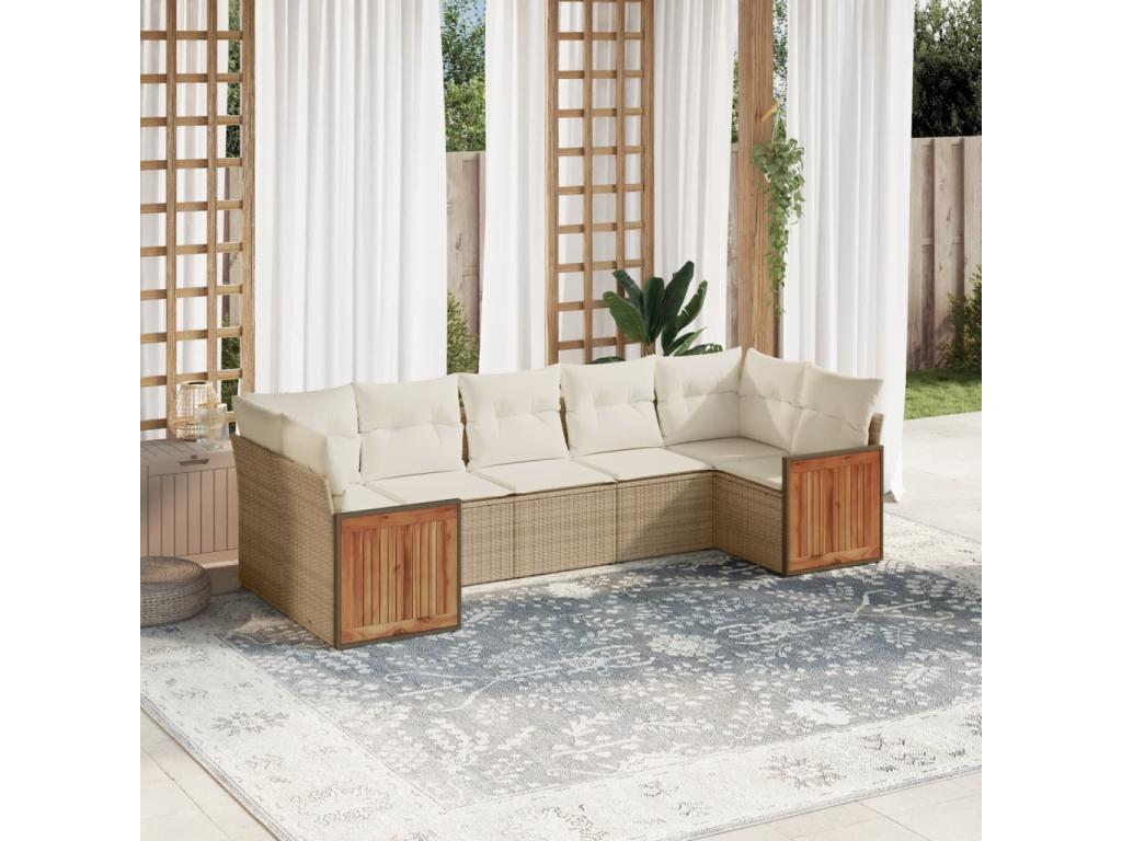 7-piece garden furniture set with cushions, beige woven resin OUDF89649