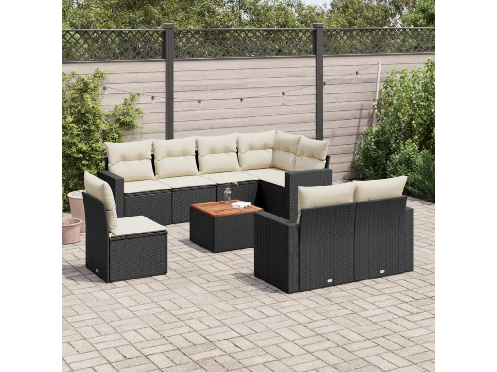 9-piece garden furniture set with cushions, black woven resin JLIA77920