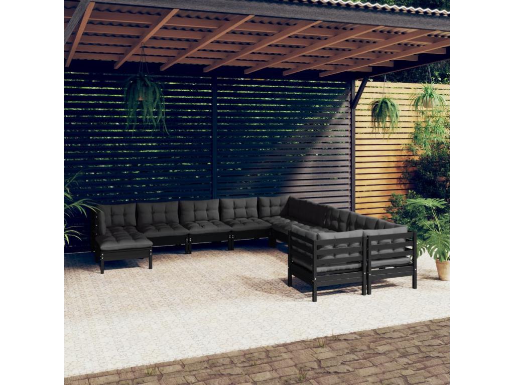 11-piece garden furniture set with cushions, black pine wood OWBM96247