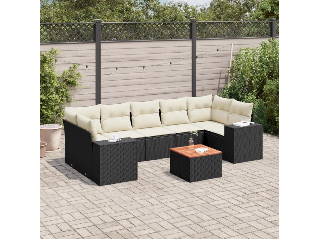 8-piece garden furniture set with cushions, black woven resin UAQA91348