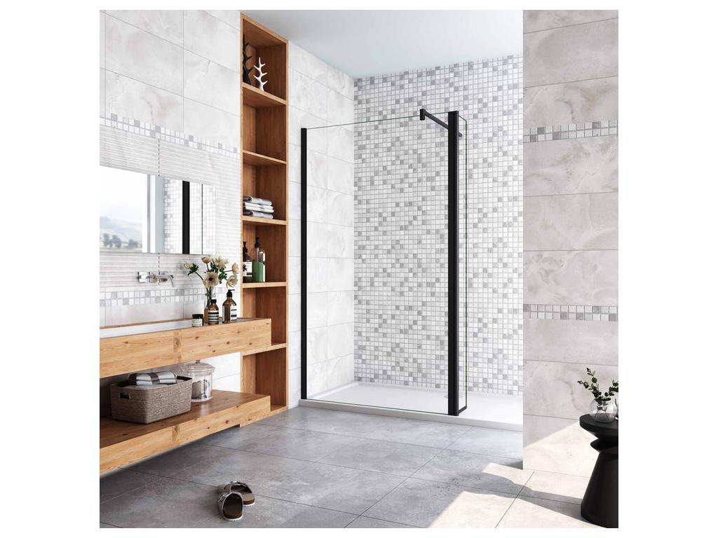 Walk-in shower enclosure with pivoting return, 100 x 40 x 200 cm, with 140 cm square support bar - Matte Black - 8 mm anti-limescale glass CLTT27983