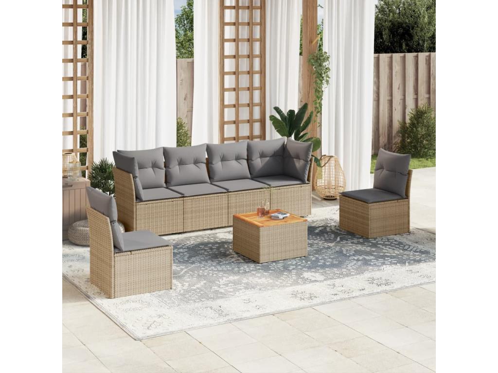 7-piece garden furniture set with cushions, beige woven resin QTWQ34259