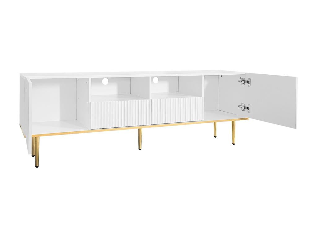 TV stand 165x36x55cm with 2 doors, 2 drawers and 2 compartments, gold legs and gold trim, White IJVL55133