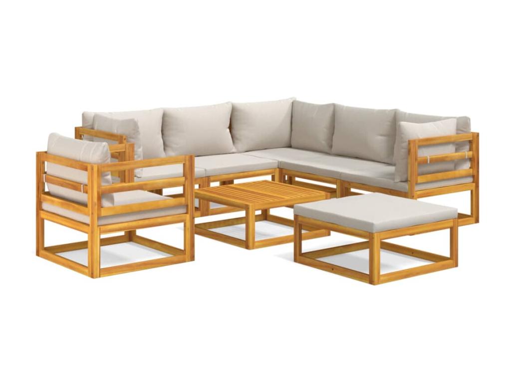 8-piece garden furniture set with light grey cushions, solid wood EION23794