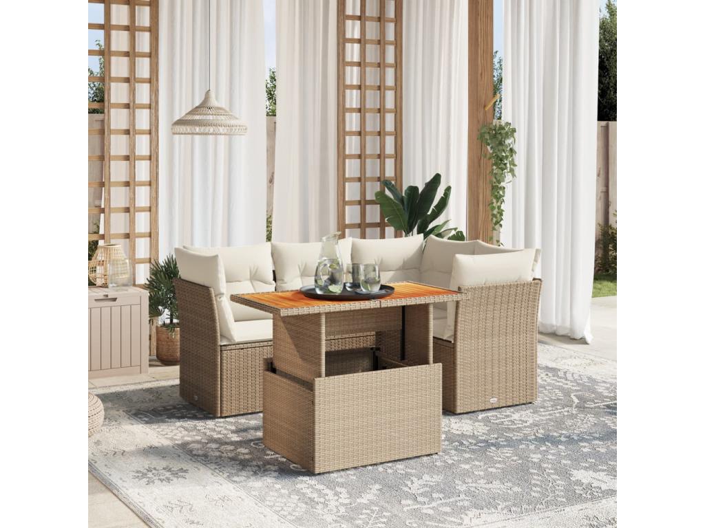 5-piece garden furniture set with cushions, beige woven resin YWXP01249